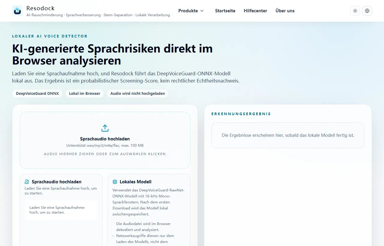 Resodock AI-Voice-Detector-Seite mit Upload-Bereich und Erkennungs-Panel