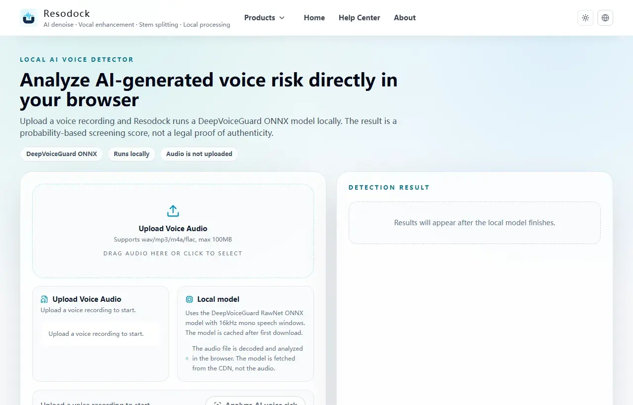 Resodock AI voice detector page showing upload area and detection panel