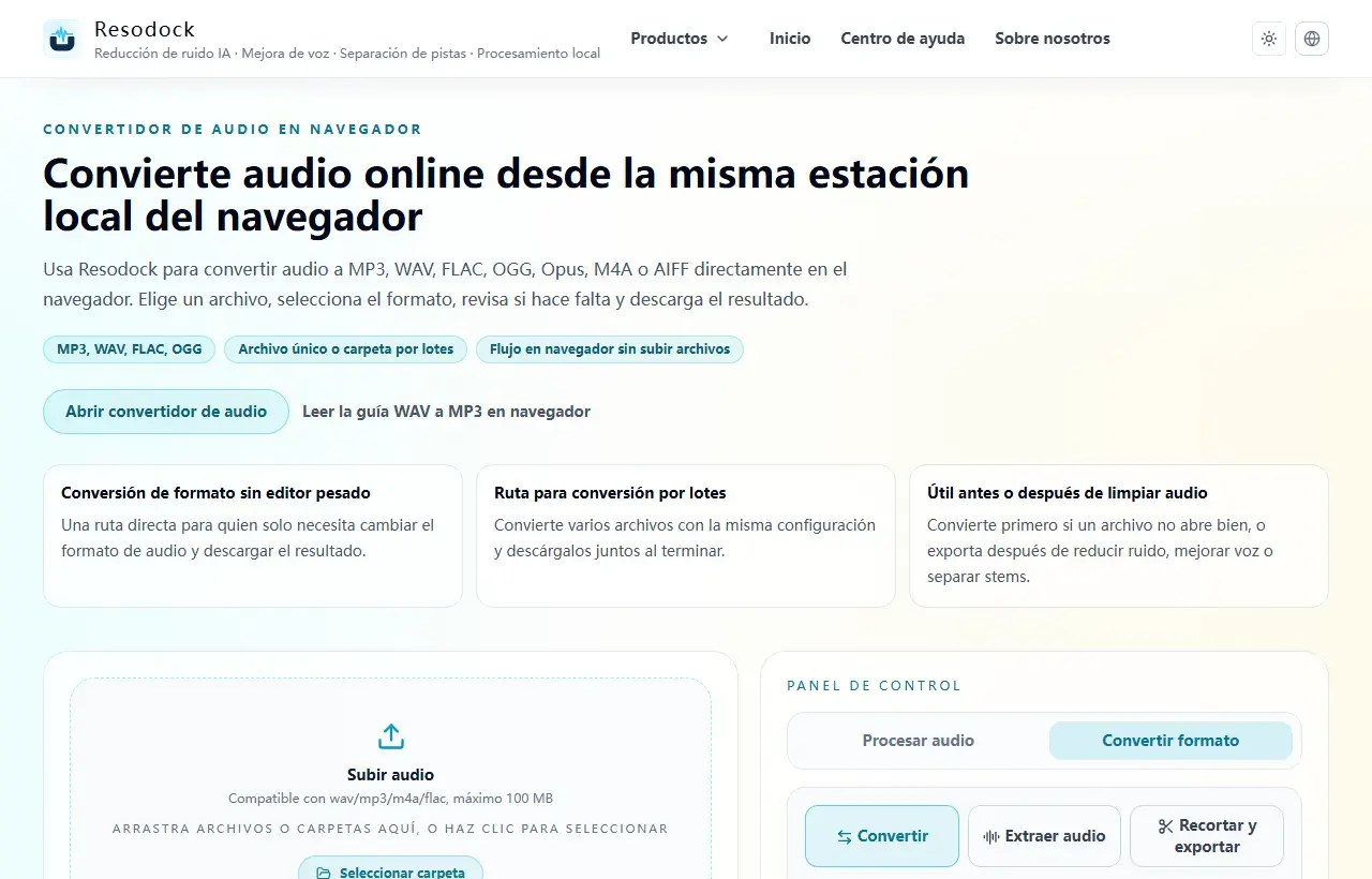 Página MP3 Cutter de Resodock con subida y ajustes de exportación