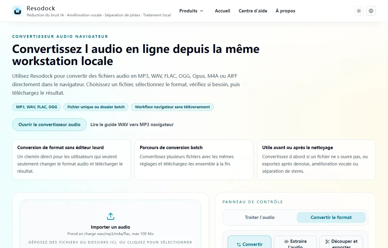 Page Resodock MP3 Cutter avec zone d import et réglages d export