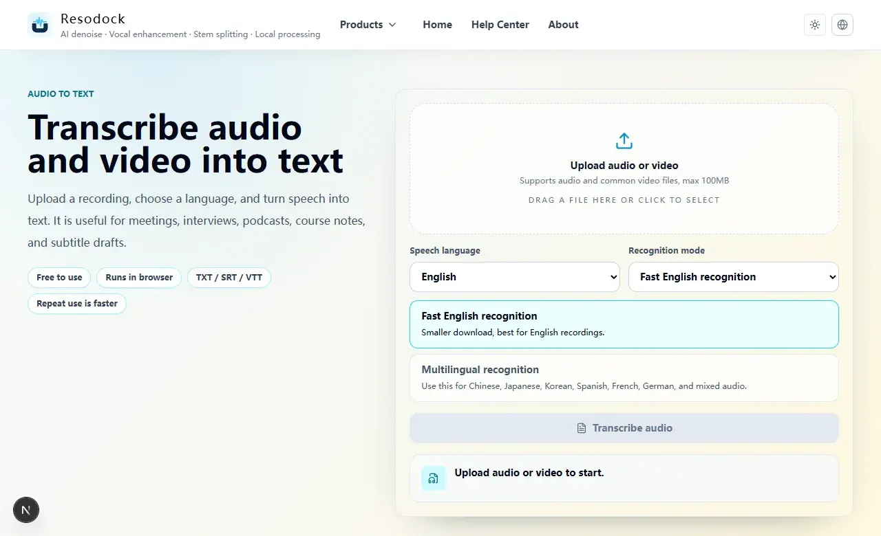 Resodock audio to text page showing upload, language selection, and the transcribe button
