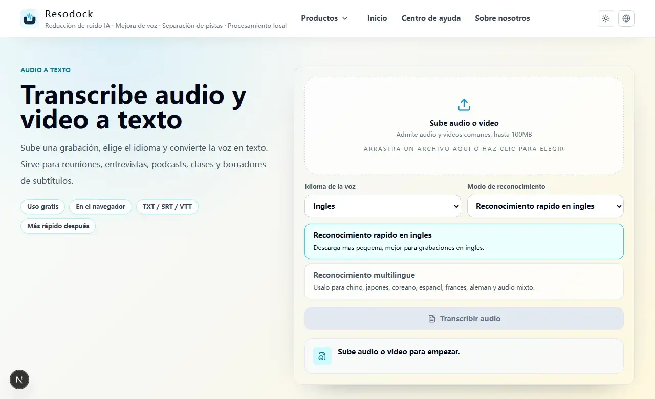 Página de Resodock audio a texto con subida, selección de idioma y botón de transcripción