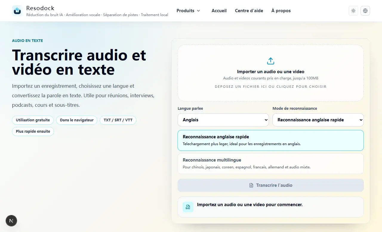 Page Resodock speech to text PDF avec import et parametres de transcription