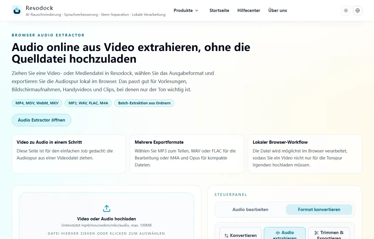 Resodock Video-Denoise-Seite mit Upload und Tonspur-Bereinigung