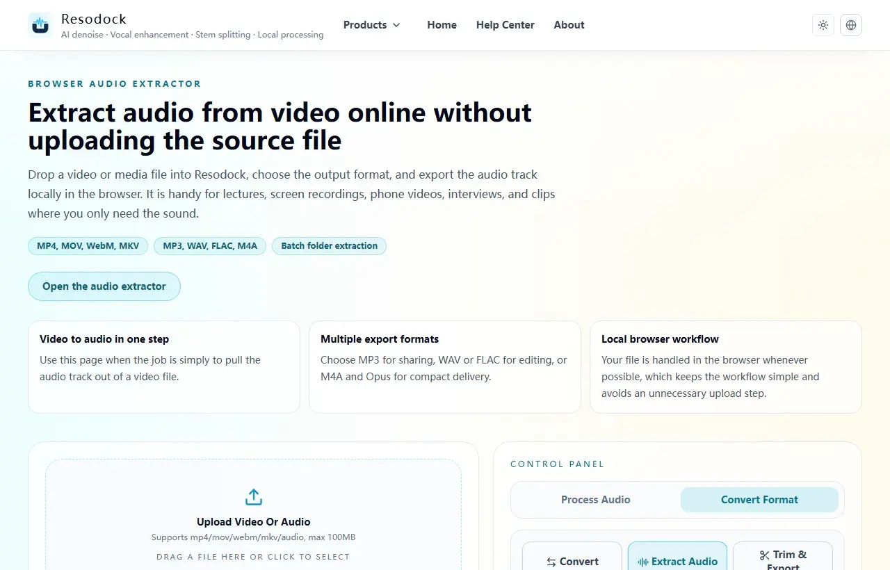 Resodock video noise remover page showing video upload and audio track cleanup
