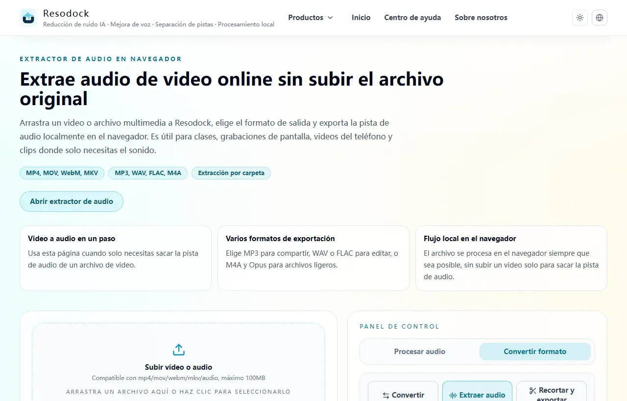 Página de Resodock para quitar ruido de video con subida y limpieza de la pista de audio