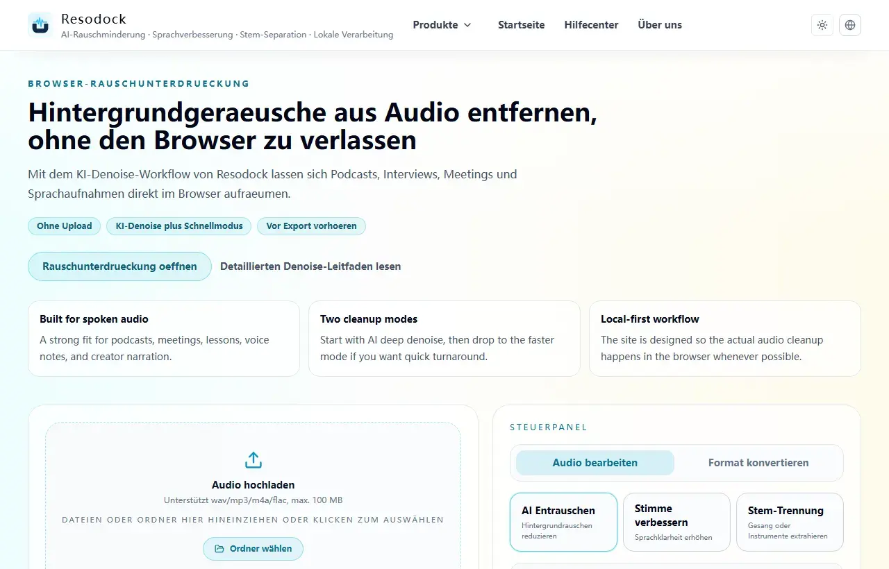 Resodock Audio-Denoise-Seite mit Upload-Bereich und AI-Denoise-Panel
