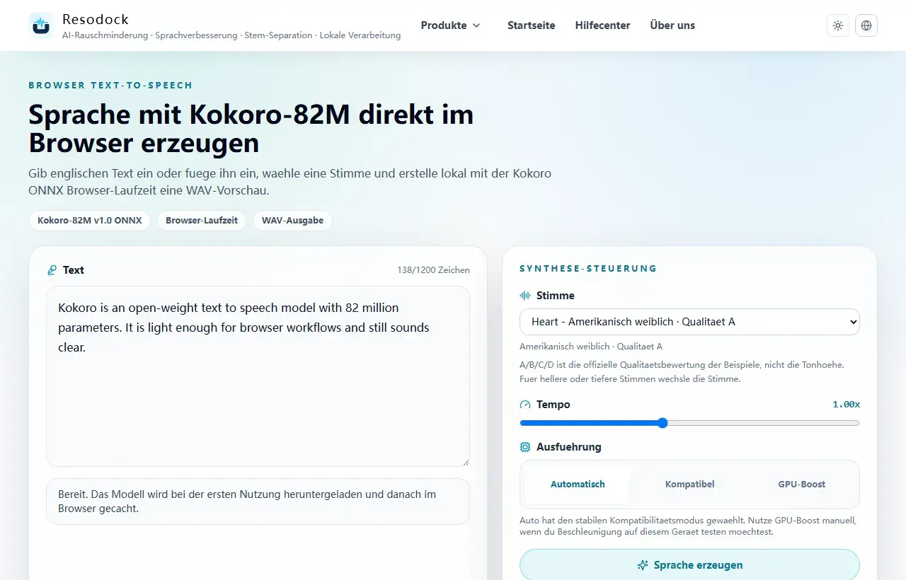 Resodock Text-to-Speech-Seite mit Texteingabe und Stimmensteuerung