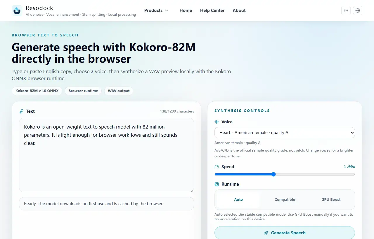 Resodock text-to-speech page showing text input and voice controls