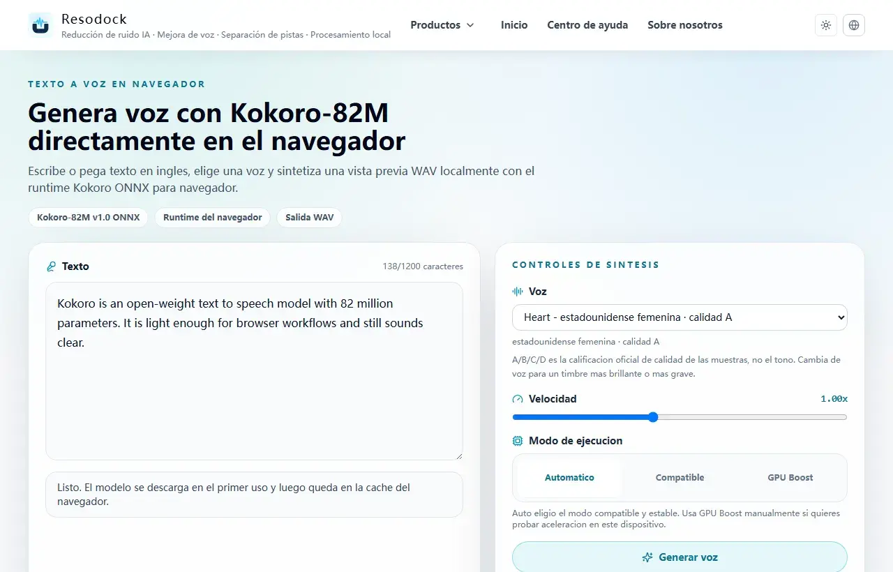 Página de texto a voz de Resodock con entrada de texto y controles de voz
