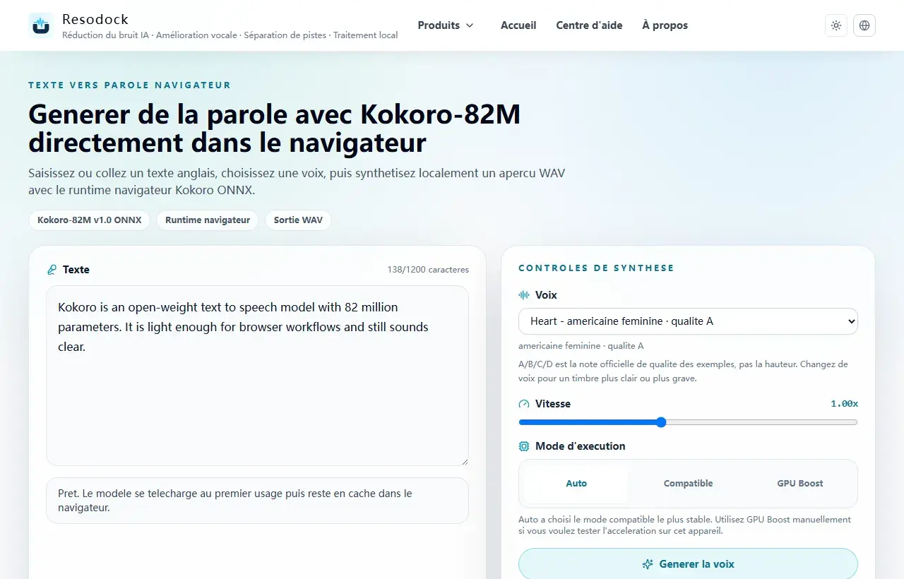 Page Resodock texte vers parole avec zone de saisie et contrôles de voix