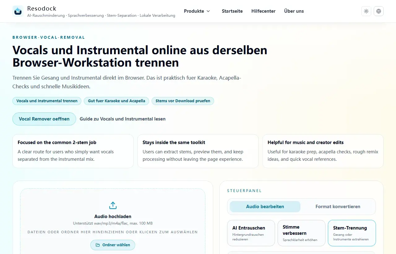 Resodock Vocal-Remover-Seite mit Upload-Bereich und Stem-Separation-Panel