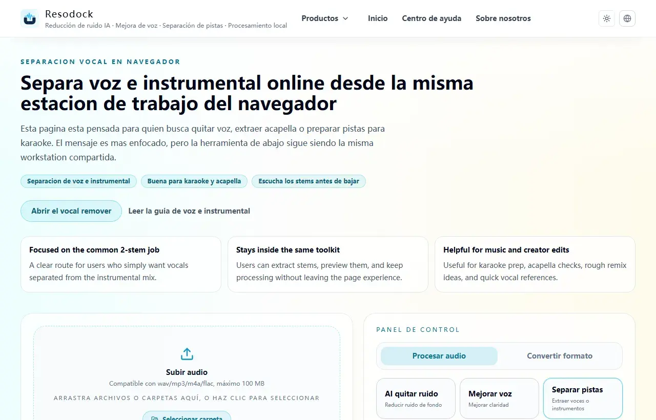 Página de Resodock para separar voz e instrumental con zona de subida y panel de procesamiento