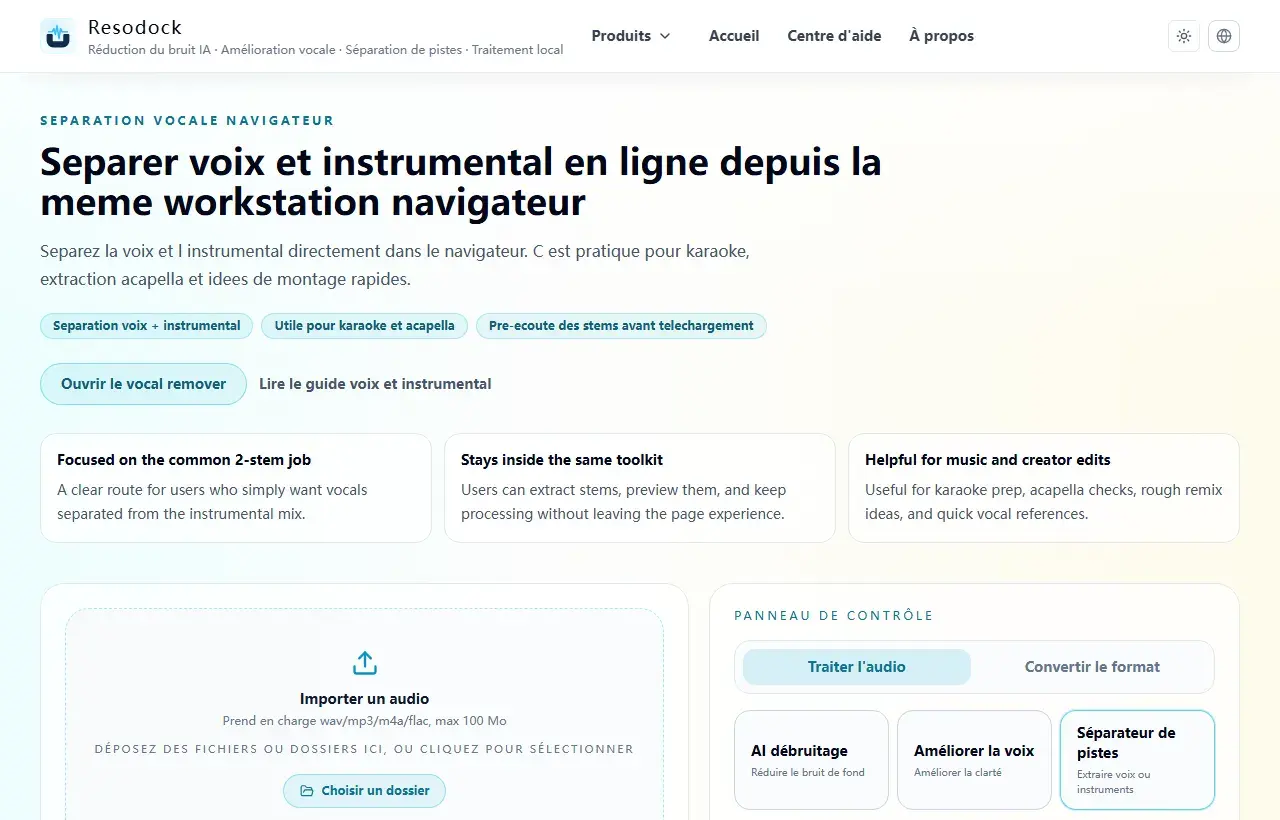 Page Resodock de séparation voix instrumental avec zone d import et panneau de traitement