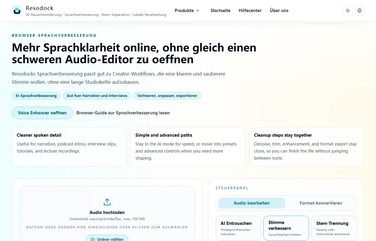 Resodock Voice-Enhancer-Seite mit Upload-Bereich und Verarbeitungsbereich