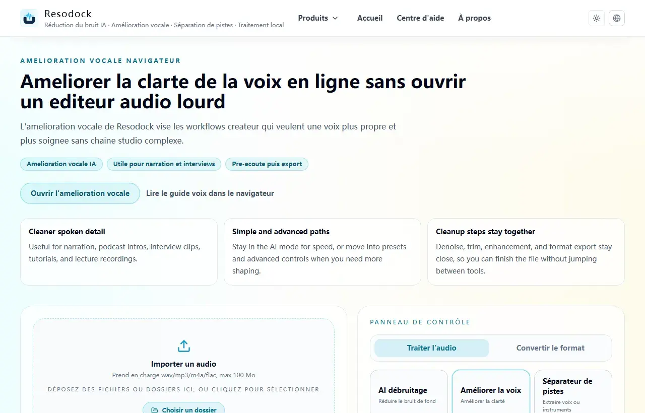 Page Resodock d amélioration vocale avec zone d import et panneau de traitement