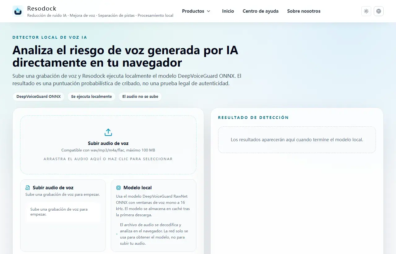 Página de detector de voz IA de Resodock con zona de subida y panel de detección