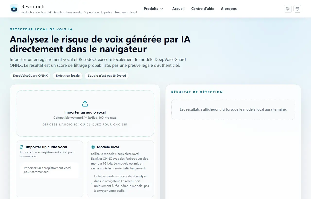 Page Resodock de detection de voix IA avec zone d import et panneau de detection