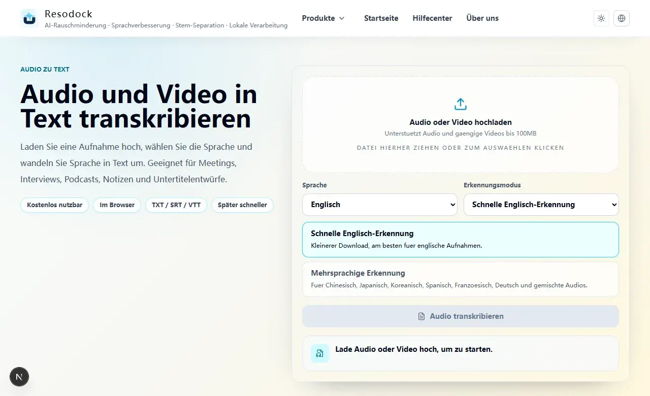 Resodock Speech-to-Text-PDF-Seite mit Upload und Transkriptionsoptionen