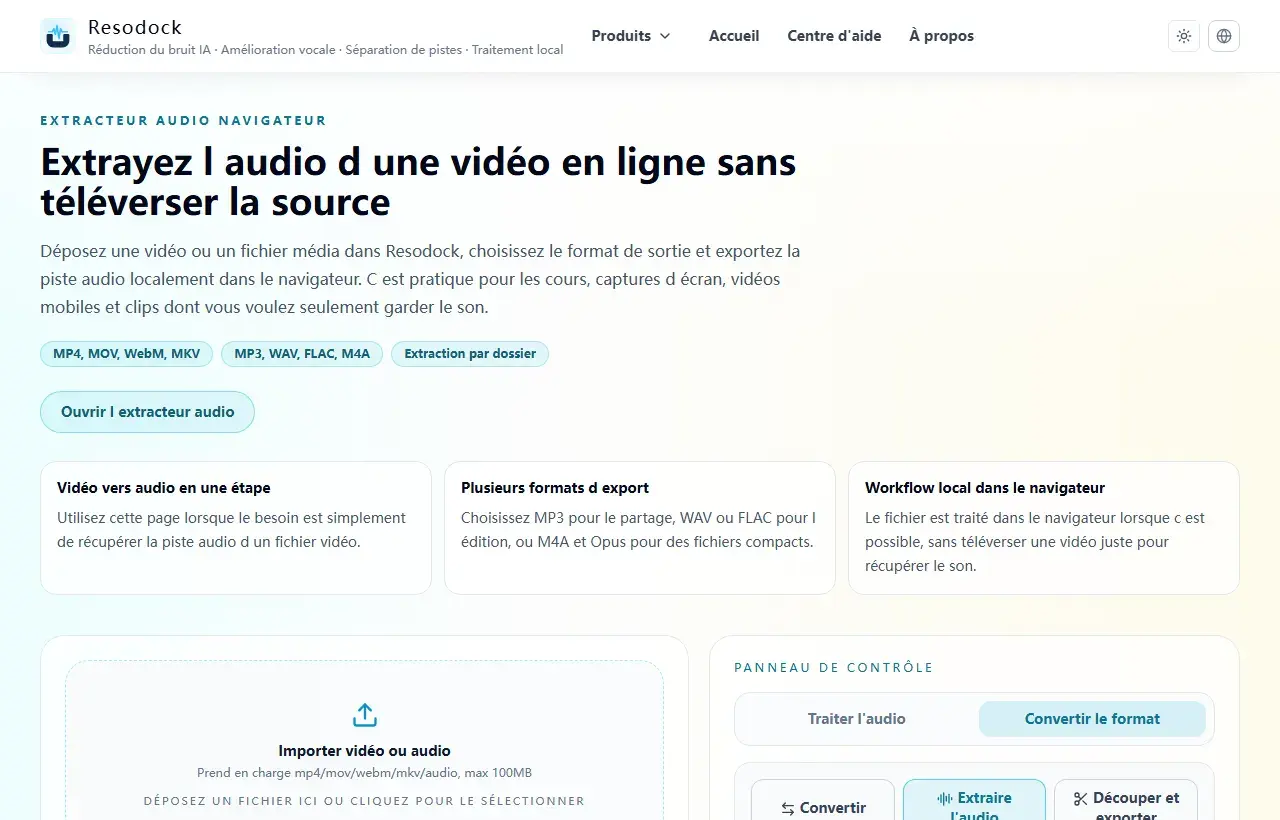 Page Resodock de nettoyage audio video avec import et réduction de bruit de la piste audio