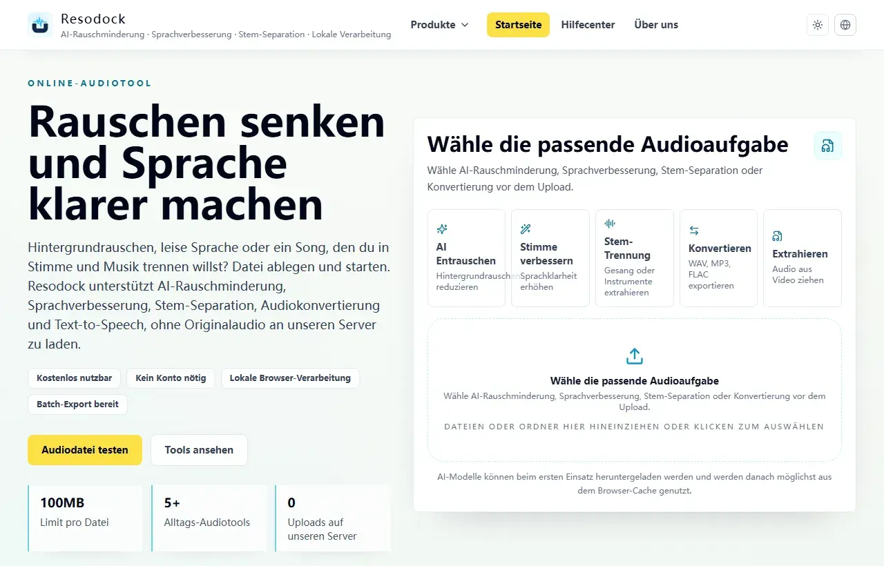 Resodock Homepage-Audio-Workstation mit Aufgabenwahl und Upload-Bereich