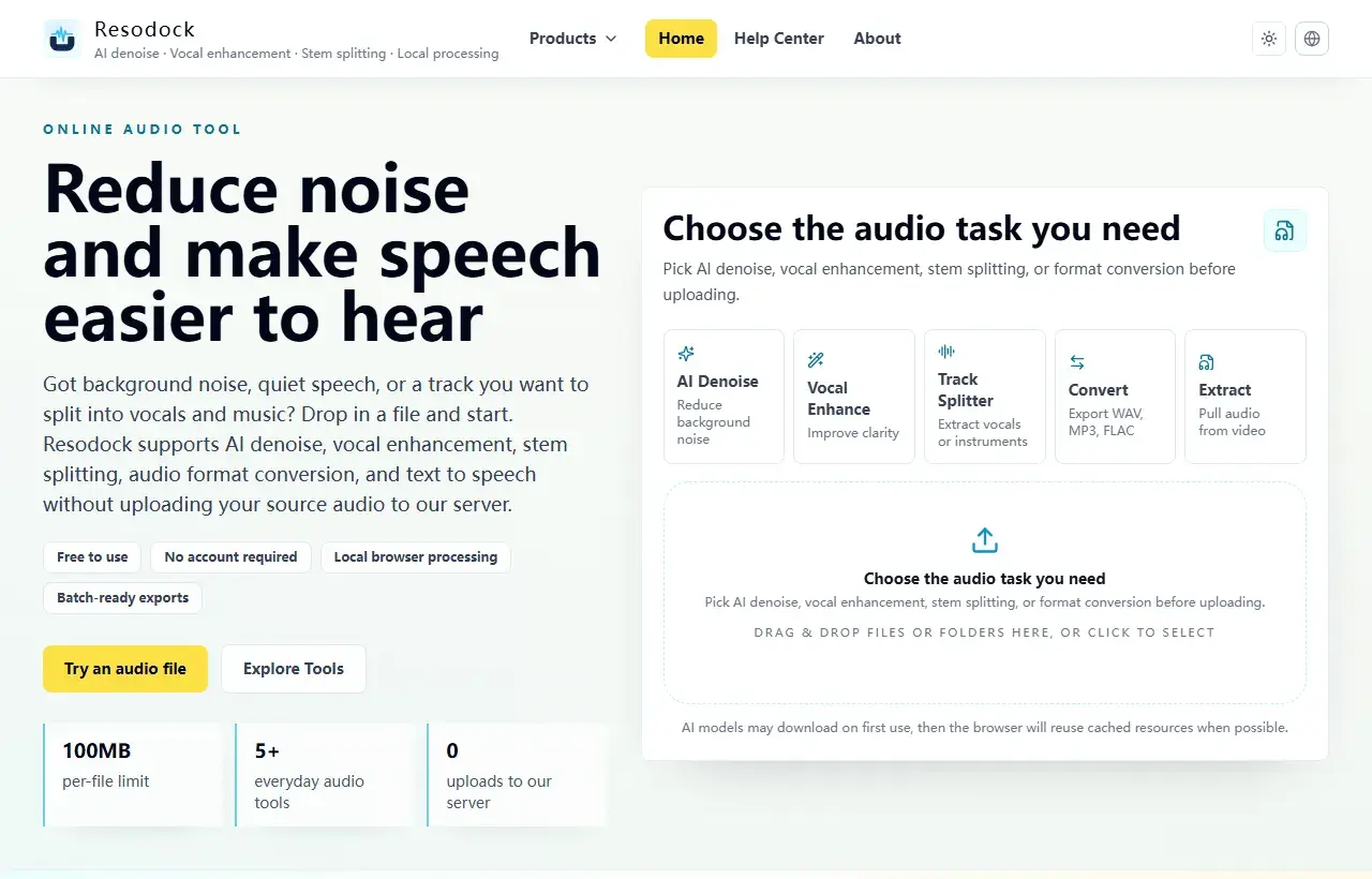 Resodock homepage audio workstation showing task selection and upload area