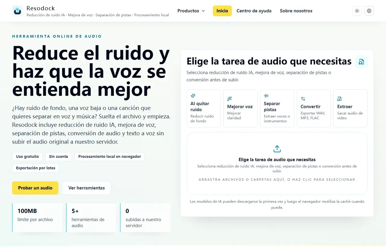 Área de trabajo de audio de Resodock con selección de tareas y zona de subida