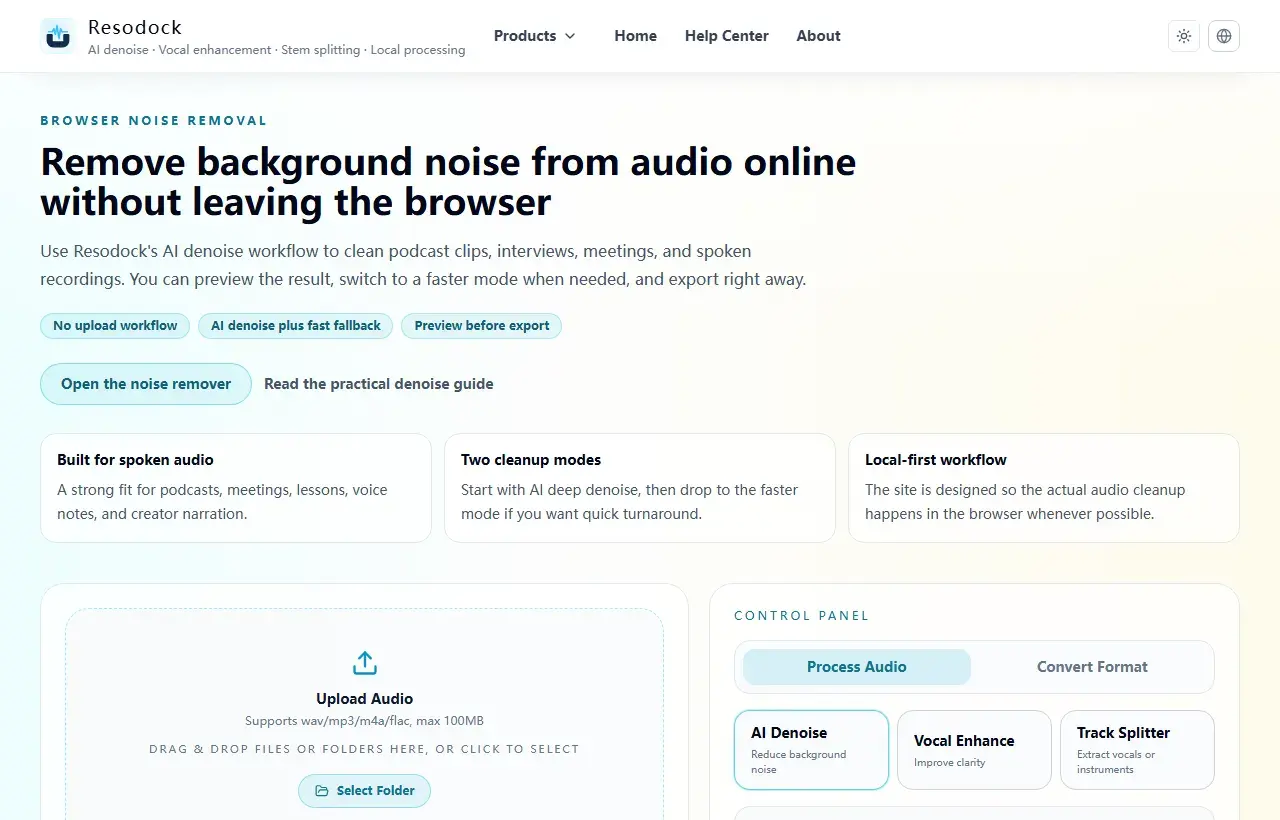 English Resodock audio noise remover landing page showing the upload area and AI denoise panel