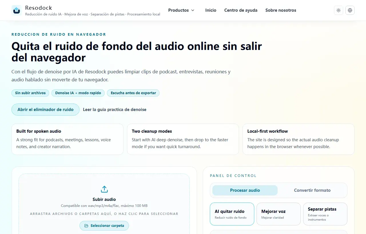 Página de Resodock para eliminar ruido de audio con zona de subida y panel de denoise con IA