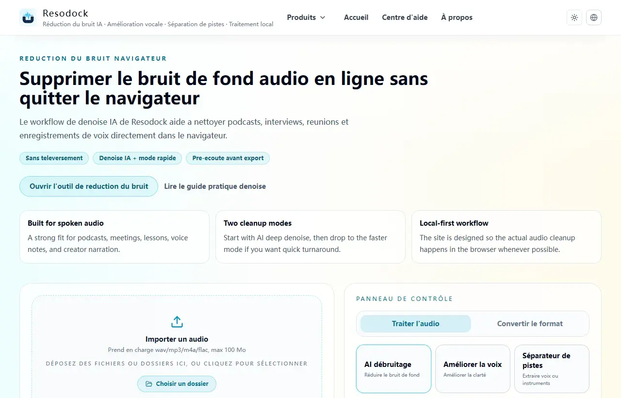 Page Resodock de réduction du bruit audio avec zone d import et panneau denoise IA