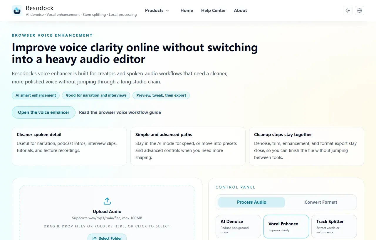 Resodock voice enhancer page showing upload area and voice enhancement panel