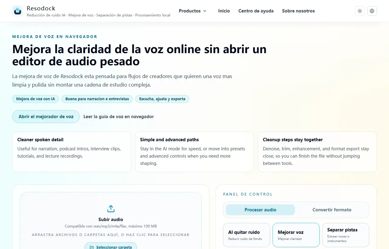 Página de mejora vocal de Resodock con zona de subida y panel de procesamiento
